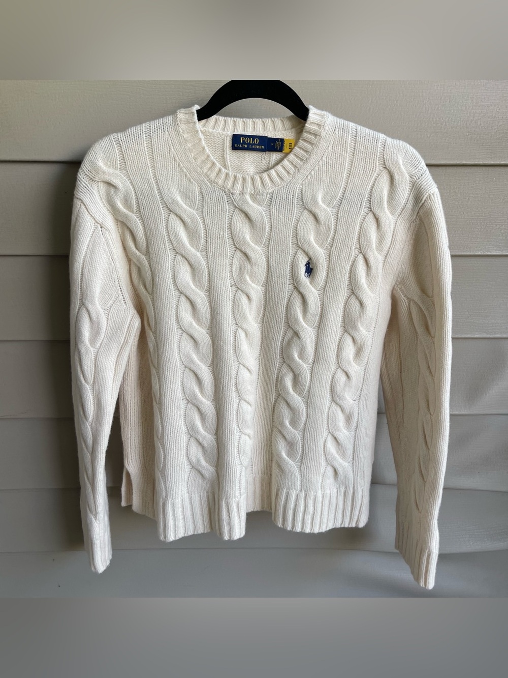 Polo Ralph Lauren Cream Wool Cashmere Cable Crewneck Sweater Size M Old Money